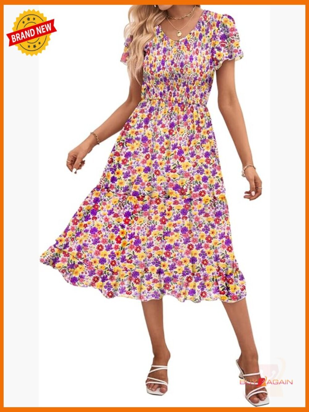 Women's Casual Summer Boho Floral Tiered Ruffle Sleeve Smocked Midi Dress V